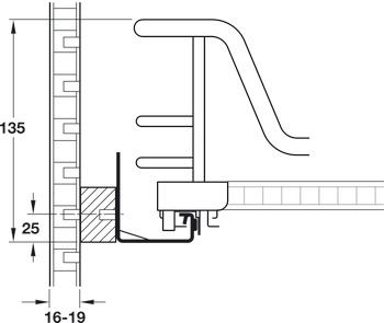 Base unit internal extension, installation behind hinged doors, roller bearing guided, shelf