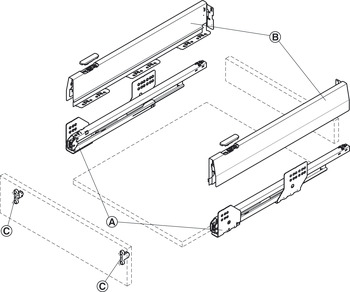 Drawer set, Moovit, drawer set, steel, drawer side height 92 mm, 30–70 kg